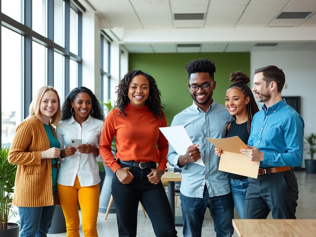 A team of diverse, smiling individuals in a bright, modern office, collaborating and looking enthusiastic. Represents teamwork and innovation. No text.