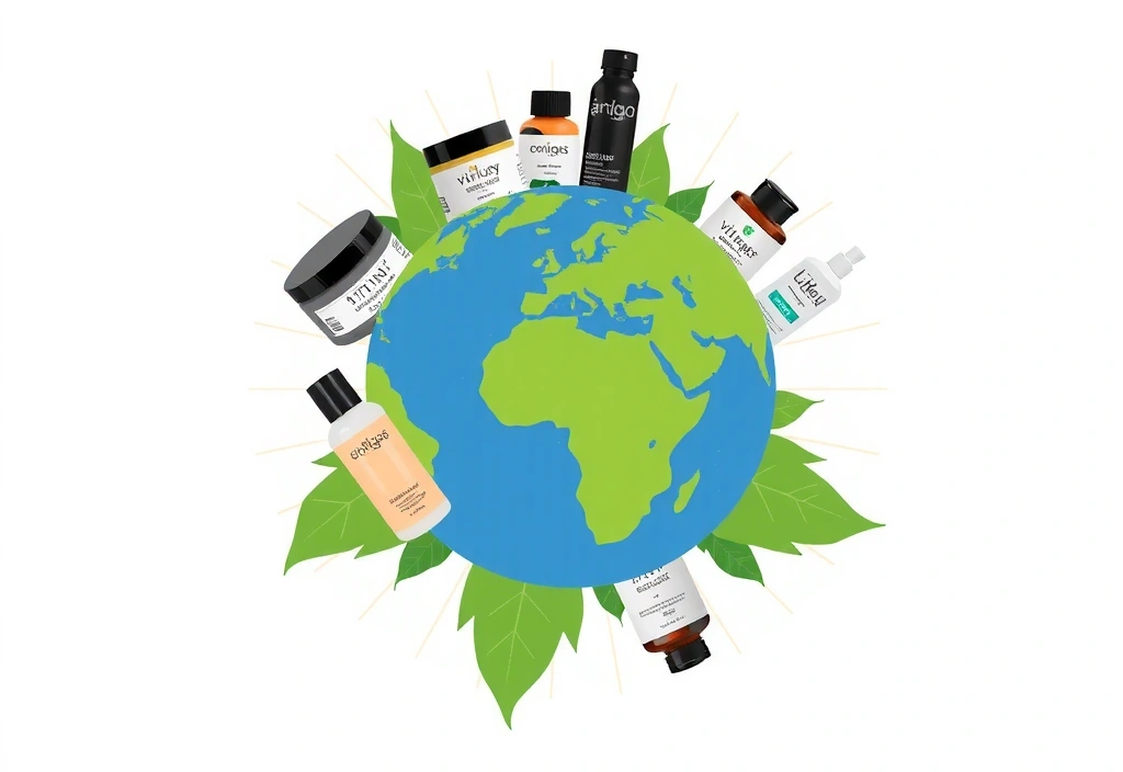 A globe surrounded by various Vitalityandbloomplus products, symbolizing global reach and sustainable practices. Clean, modern design. No text.