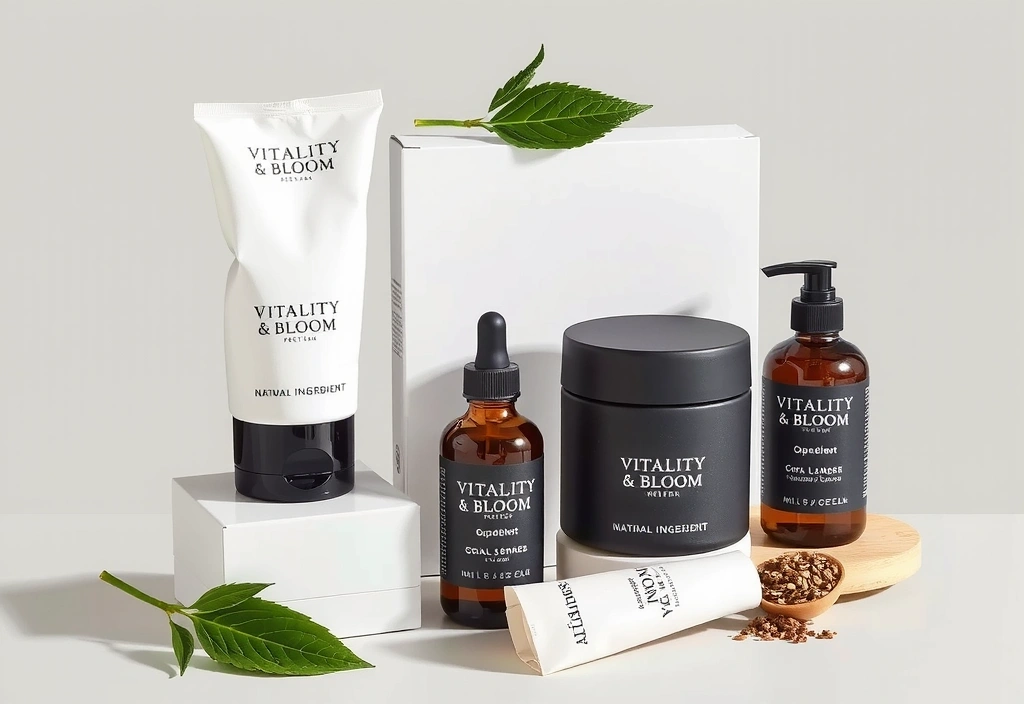 A beautifully arranged display of Vitalityandbloomplus's first product line, showcasing natural ingredients and elegant packaging. Bright, clean aesthetic. No text.