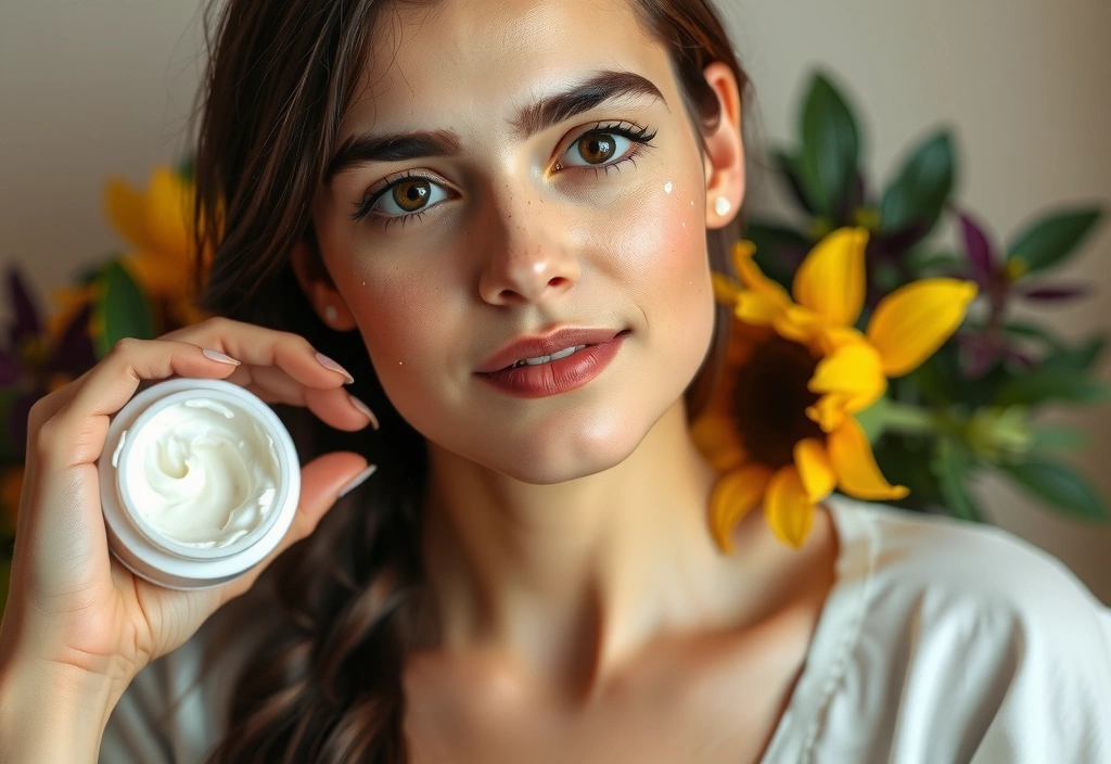 A woman applying a natural cream to her face, with a background of fresh botanicals, emphasizing natural beauty and skincare. Soft, warm lighting. No text.