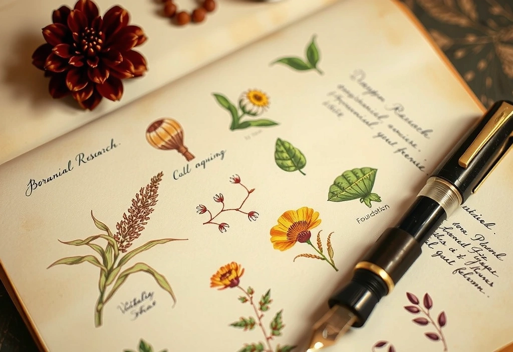 Early concept sketches and notes on botanical research, symbolizing the initial phase of Vitalityandbloomplus's foundation. Warm, earthy tones. No text.