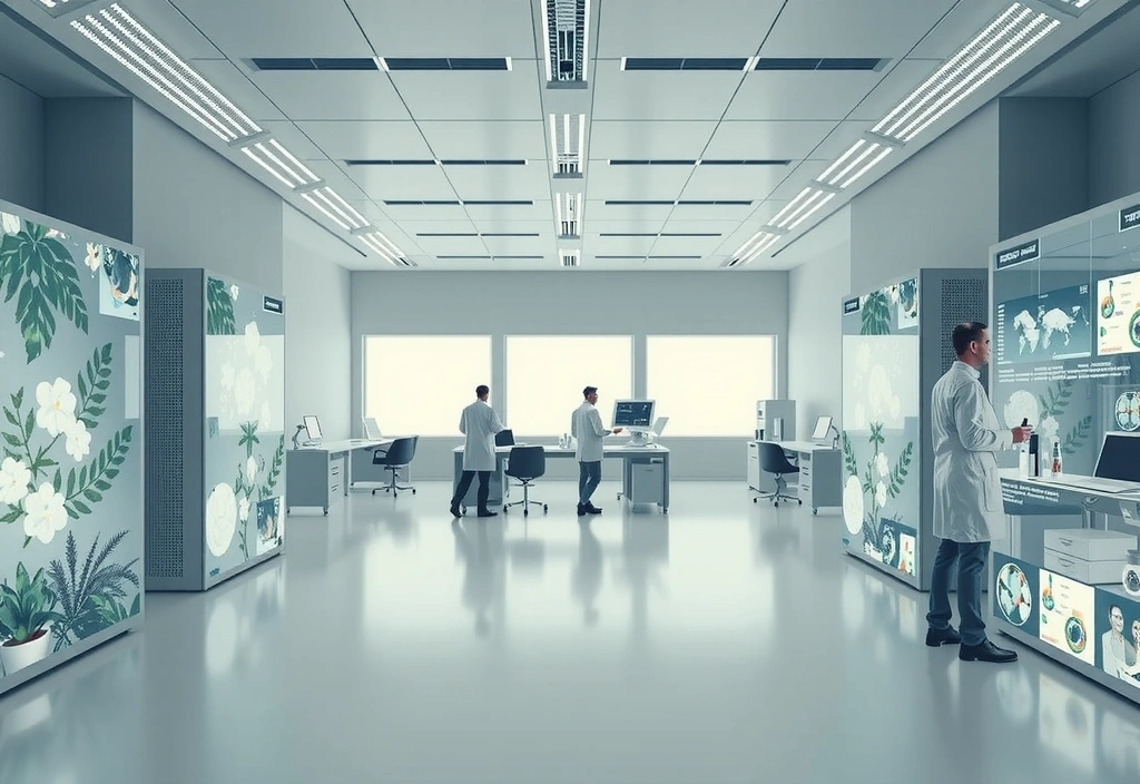 Futuristic laboratory setting with botanical elements, symbolizing ongoing research and future innovations at Vitalityandbloomplus. Clean, high-tech aesthetic. No text.