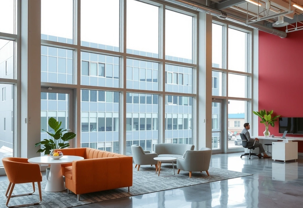 Modern office interior with natural light and collaborative workspaces.