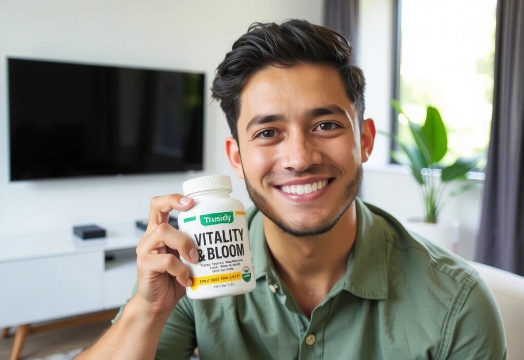 A confident man smiling, holding a Vitalityandbloomplus supplement bottle, representing trust and quality.